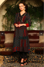 Black Multi-Coloured Patch Printed Metallic Embroidered A-Line Kurta, Pants And Dupatta Set in Germany