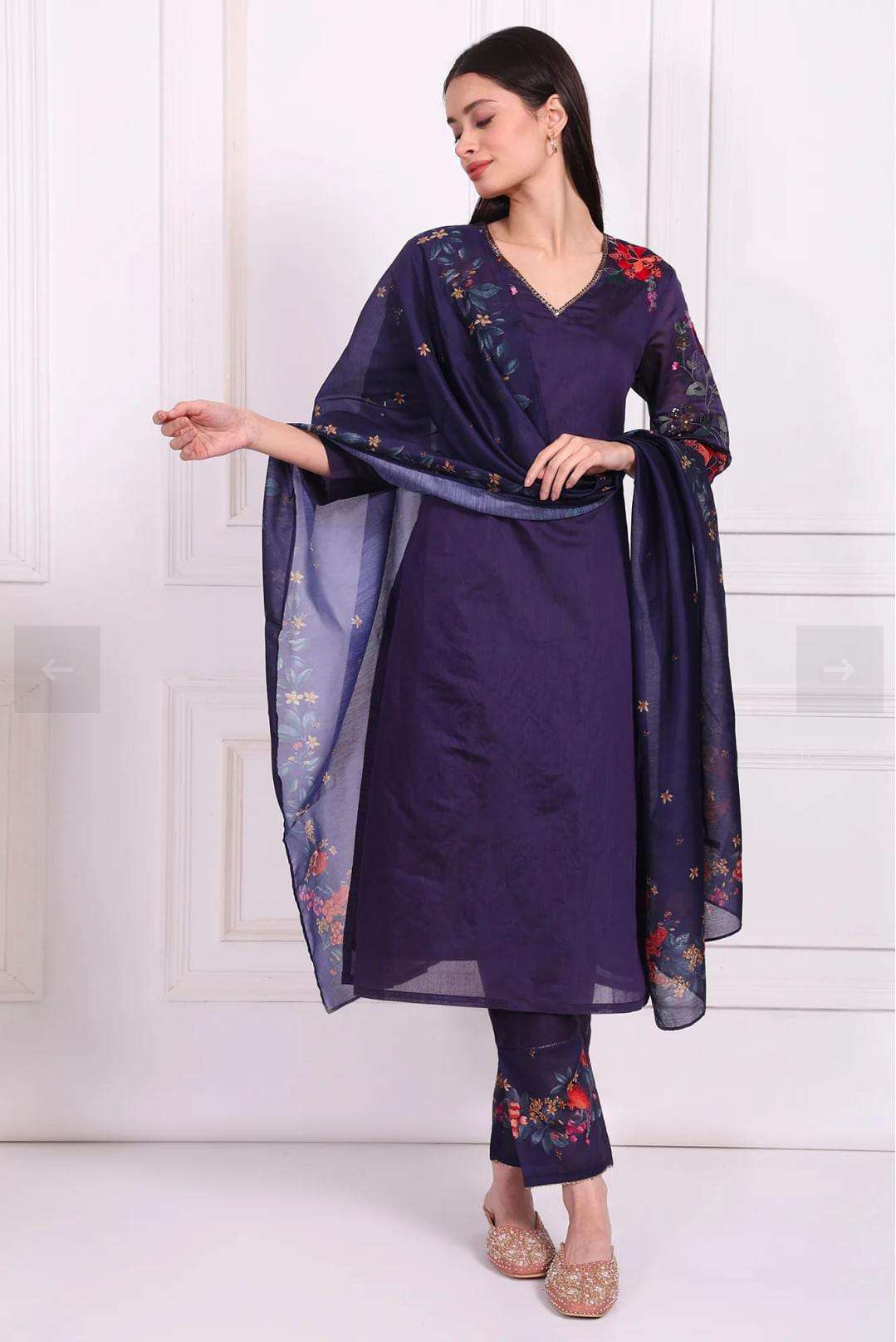 Purple Embroidered Straight Kurta with Straight Pant and Dupatta Set in Germany Namma Markt