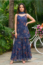 Navy Blue Floral Printed Chiffon Noodle Straps Straight Kurta with Sharara and Dupatta Set in Germany Namma Markt