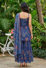 Navy Blue Floral Printed Chiffon Noodle Straps Straight Kurta with Sharara and Dupatta Set in Germany Namma Markt