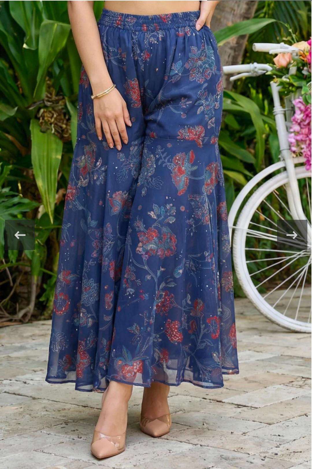 Navy Blue Floral Printed Chiffon Noodle Straps Straight Kurta with Sharara and Dupatta Set in Germany Namma Markt