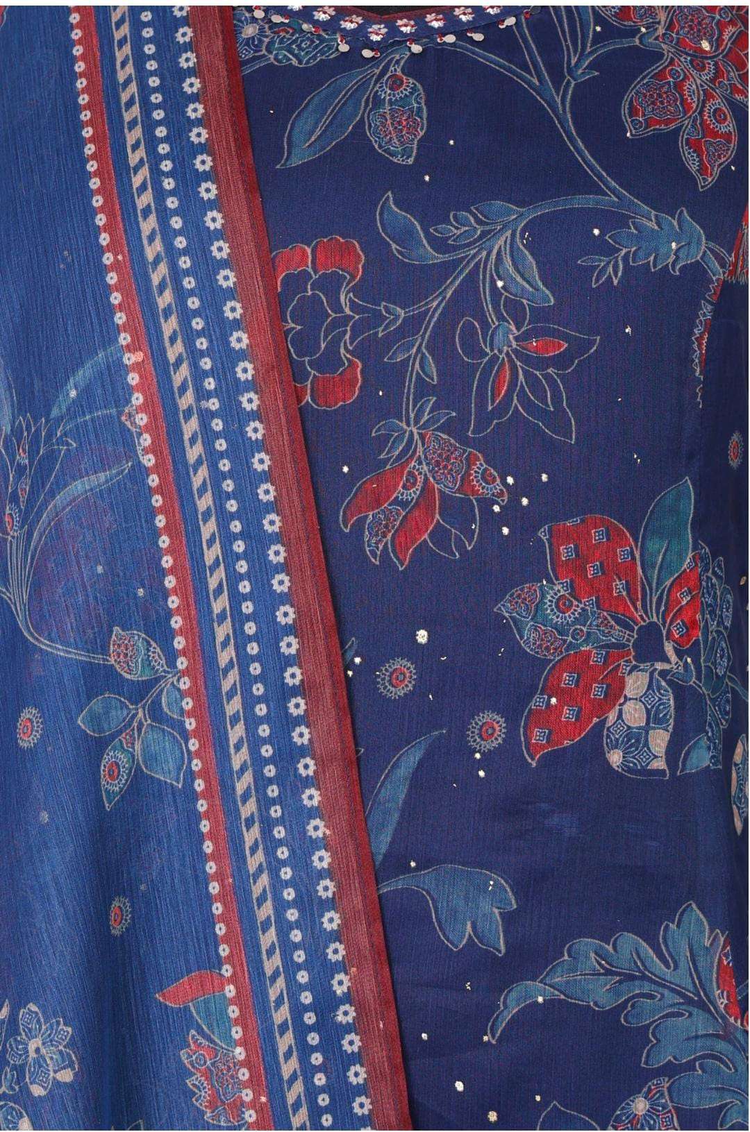 Navy Blue Floral Printed Chiffon Noodle Straps Straight Kurta with Sharara and Dupatta Set in Germany Namma Markt