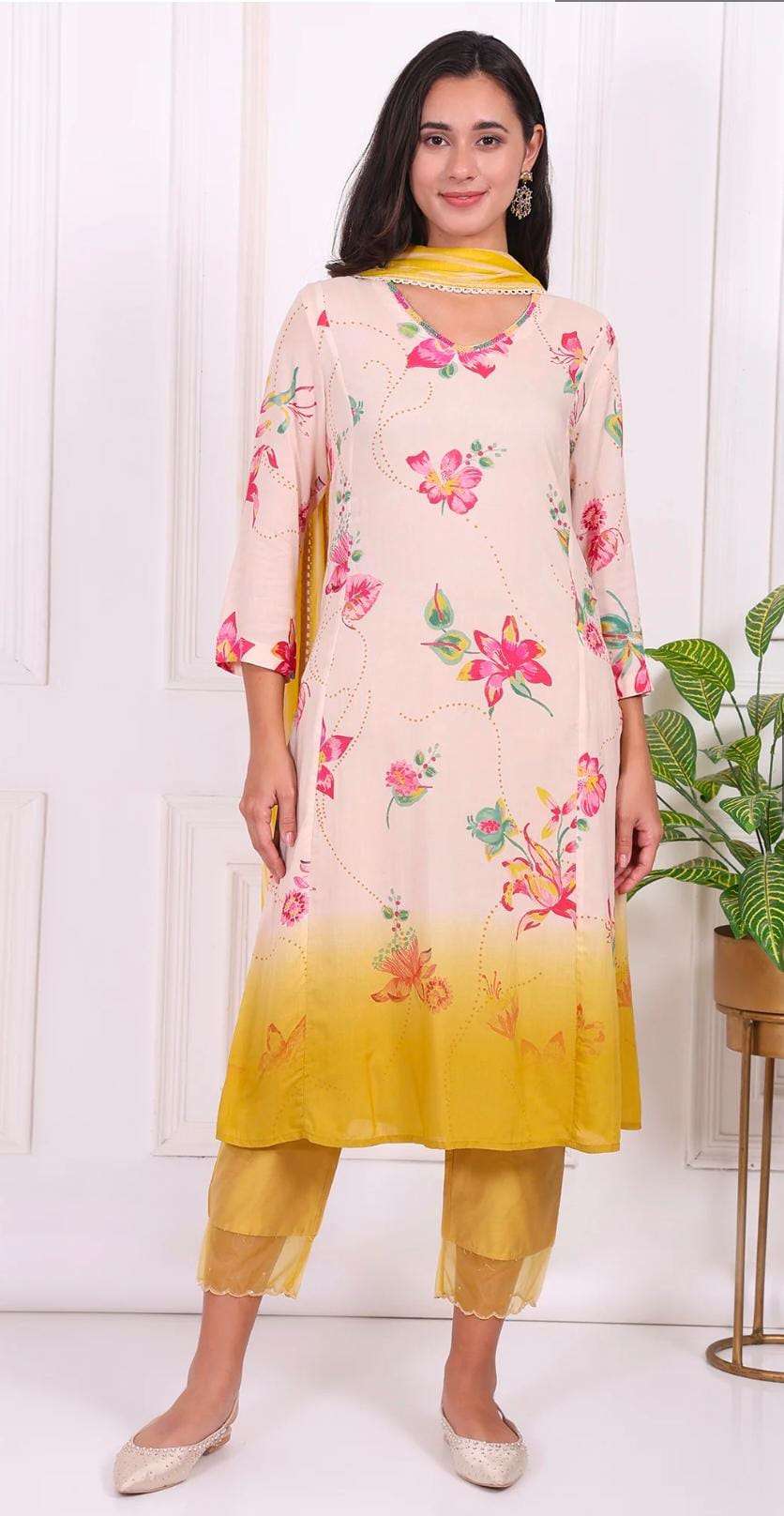 Off-White Floral Printed Modal A-Line Kurta with Straight Pant and Dupatta in Berlin