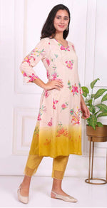 Off-White Floral Printed Modal A-Line Kurta with Straight Pant and Dupatta in Berlin