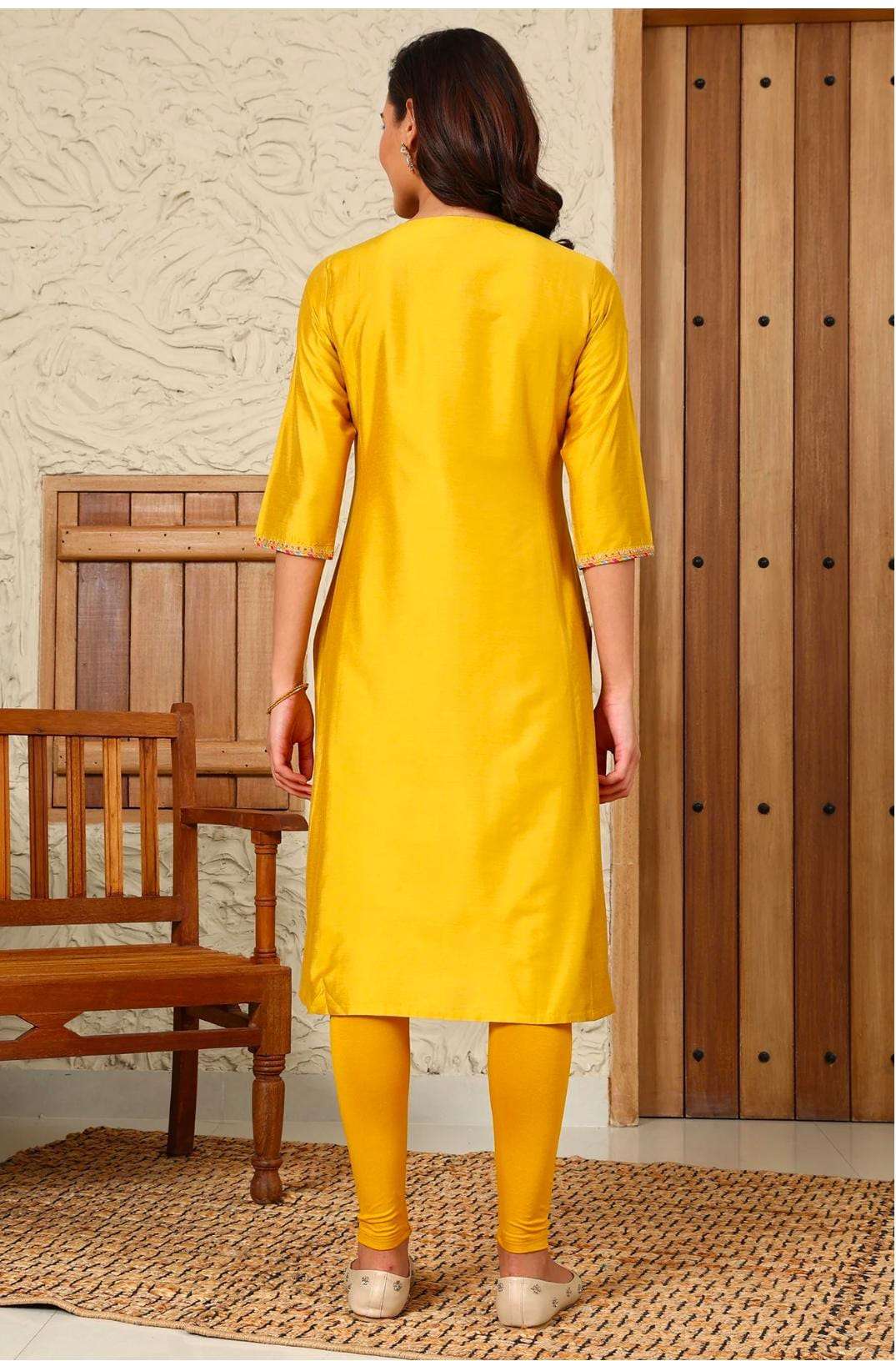 Yellow Solid Dori Embroidered Festive Straight Kurta with Pant in Berlin Namma Markt