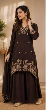 Coffee Brown Crepe Embroidered Sharara Suit with Moti Work in Germany