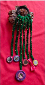 Handmade Green Woolen Hair Accessory with Mirror Work and Beads Rubber band in Germany Namma Markt