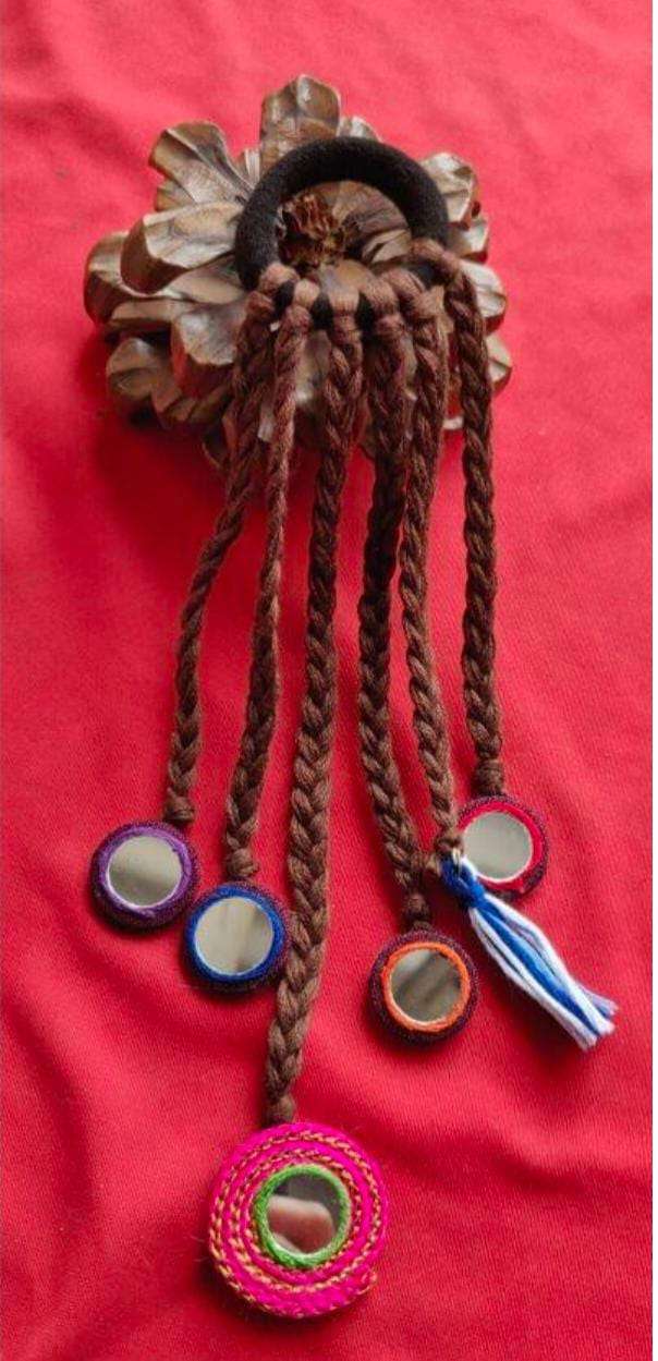 Handmade brown Woolen Hair Accessory with Mirror Work and Beads Rubber band in Germany