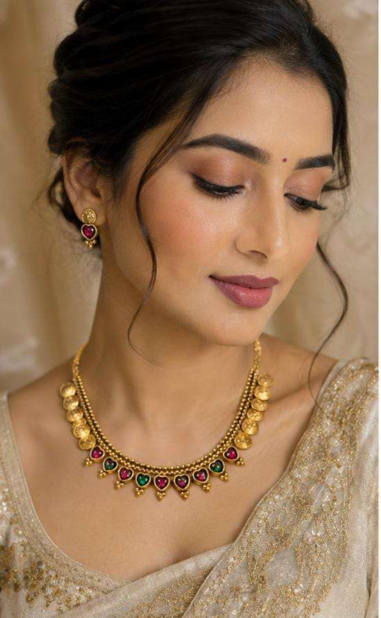 Antique Gold Finish Traditional Elakkathali Coin Necklace Set with Kemp Accents Earrings in Germany Namma Markt