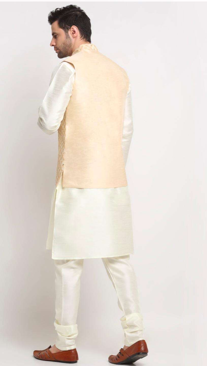 Men Silk Cream Kurta Churidar With Beige Embroidered Nehru Jacket Set in Berlin Namma Markt