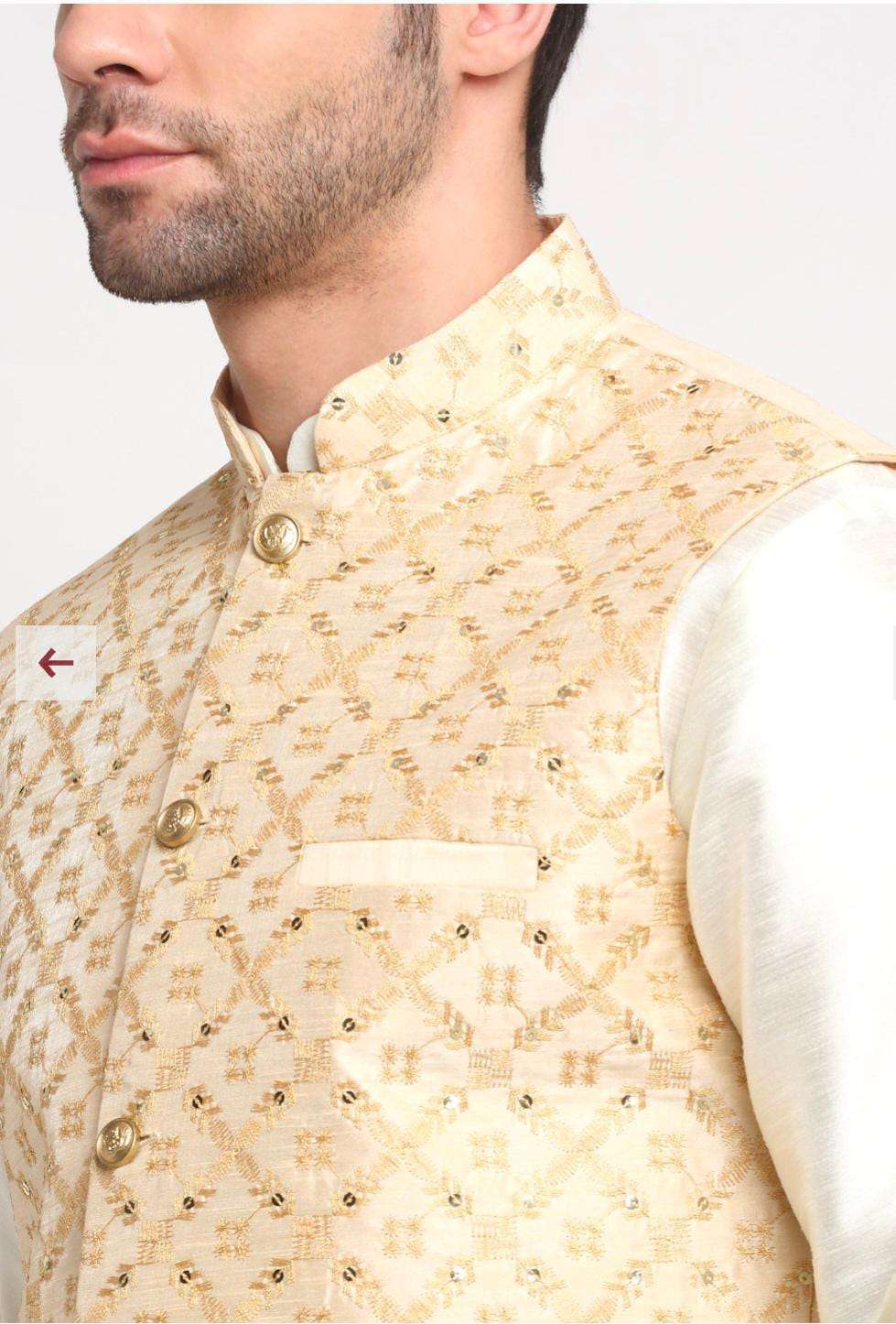 Men Silk Cream Kurta Churidar With Beige Embroidered Nehru Jacket Set in Berlin Namma Markt