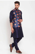 Men Navyblue & Blue Kurta With Churidar & Printed Nehru Jacket in Berlin