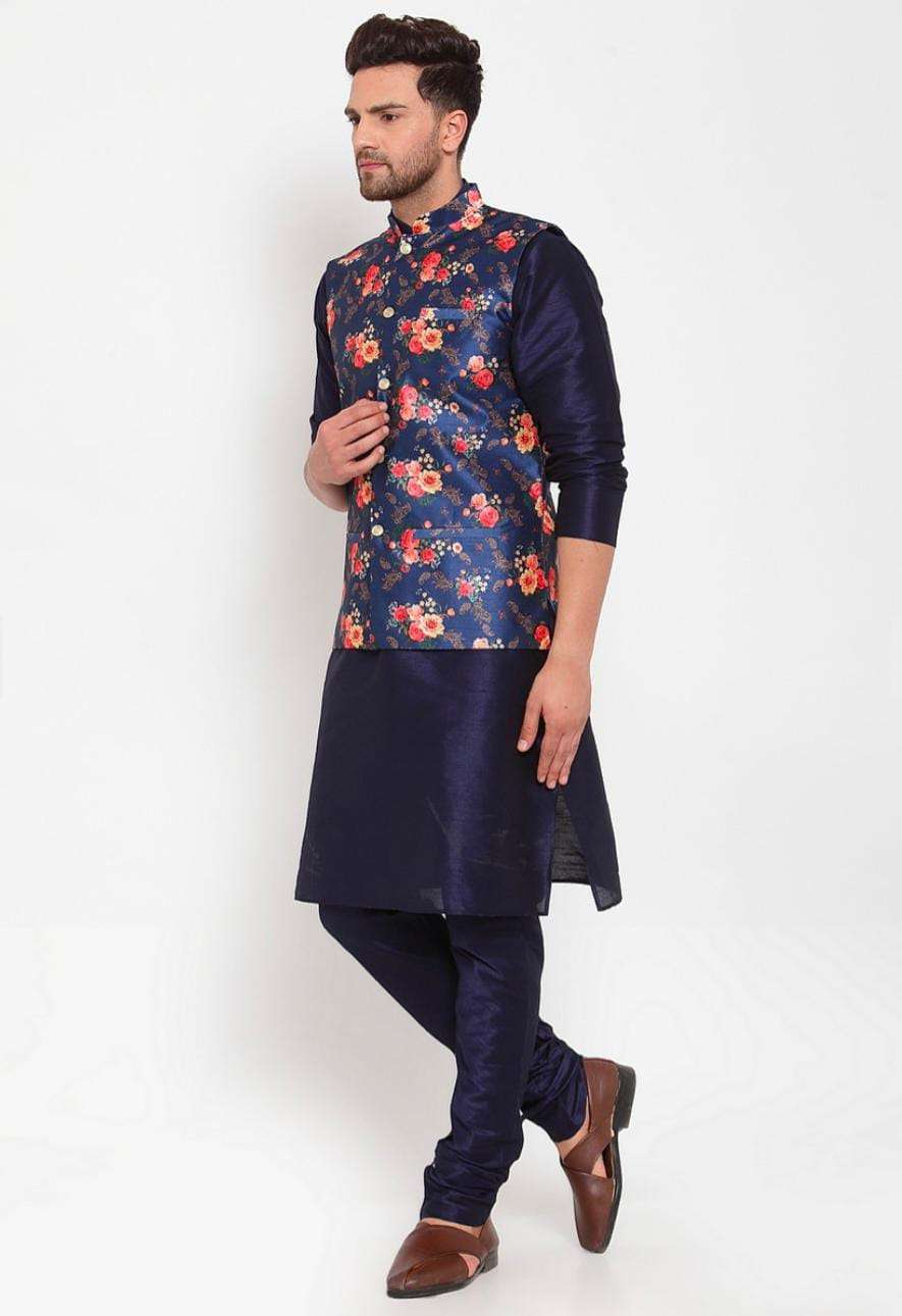 Men Navyblue & Blue Kurta With Churidar & Printed Nehru Jacket in Berlin