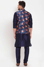 Men Navyblue & Blue Kurta With Churidar & Printed Nehru Jacket in Berlin