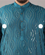 Floral Embroidered Band Collar Sequinned Cotton Straight Kurta Set in Berlin