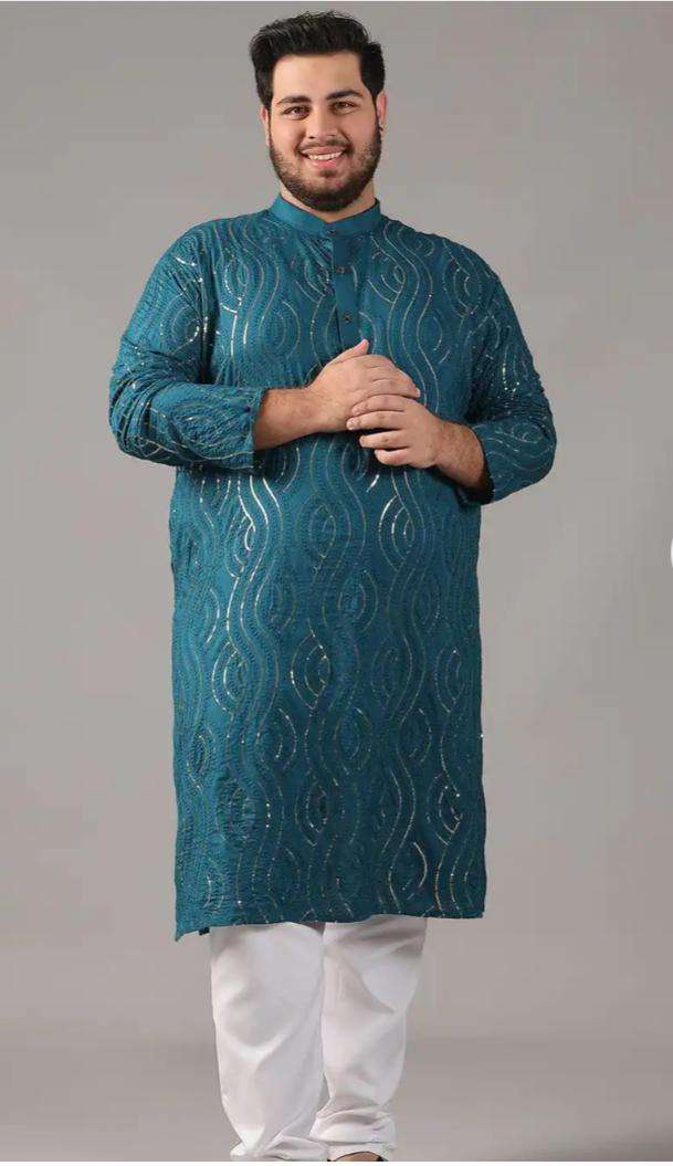 Floral Embroidered Band Collar Sequinned Cotton Straight Kurta Set in Berlin