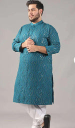 Floral Embroidered Band Collar Sequinned Cotton Straight Kurta Set in Berlin