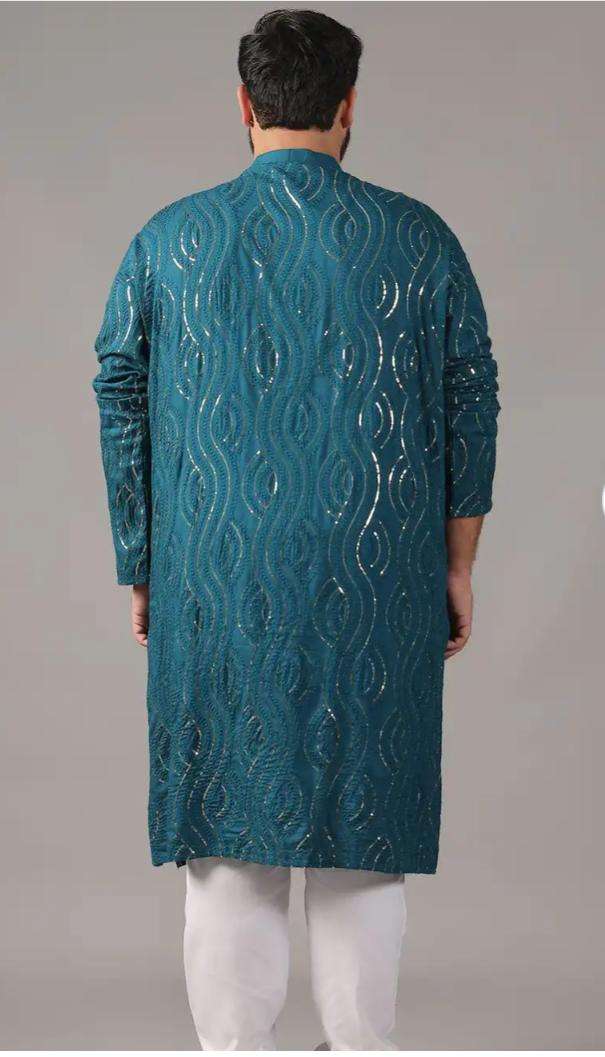 Floral Embroidered Band Collar Sequinned Cotton Straight Kurta Set in Berlin