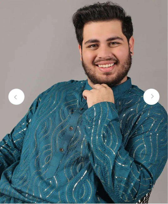 Floral Embroidered Band Collar Sequinned Cotton Straight Kurta Set in Berlin