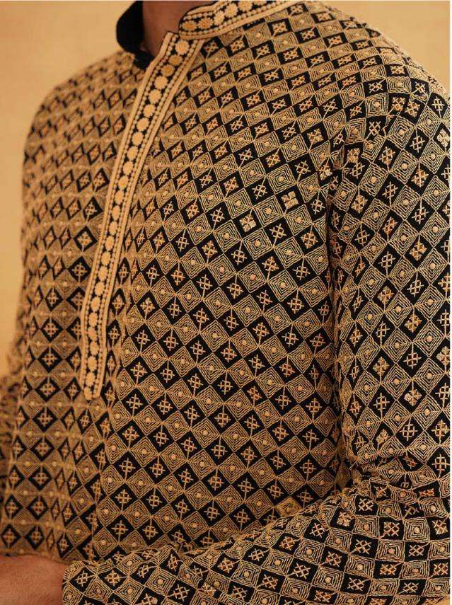 Men Cotton Contrast Embroidered Sequinned Gold Long Kurta set in Berlin