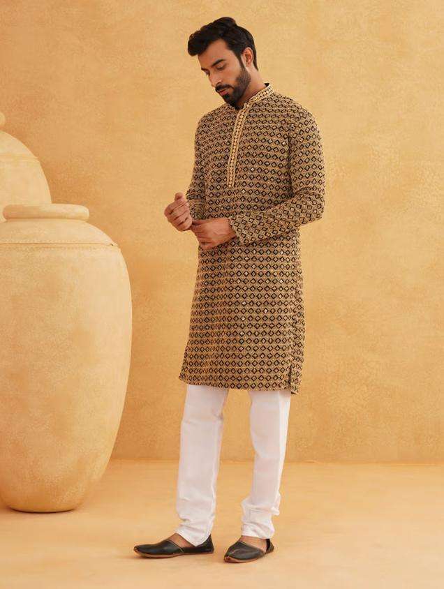 Men Cotton Contrast Embroidered Sequinned Gold Long Kurta set in Berlin