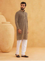 Men Cotton Contrast Embroidered Sequinned Gold Long Kurta set in Berlin