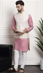 Men's Jacquard Silk Pink Kurta and Off-White Pyjama With Cream Nehru Jacket in Berlin