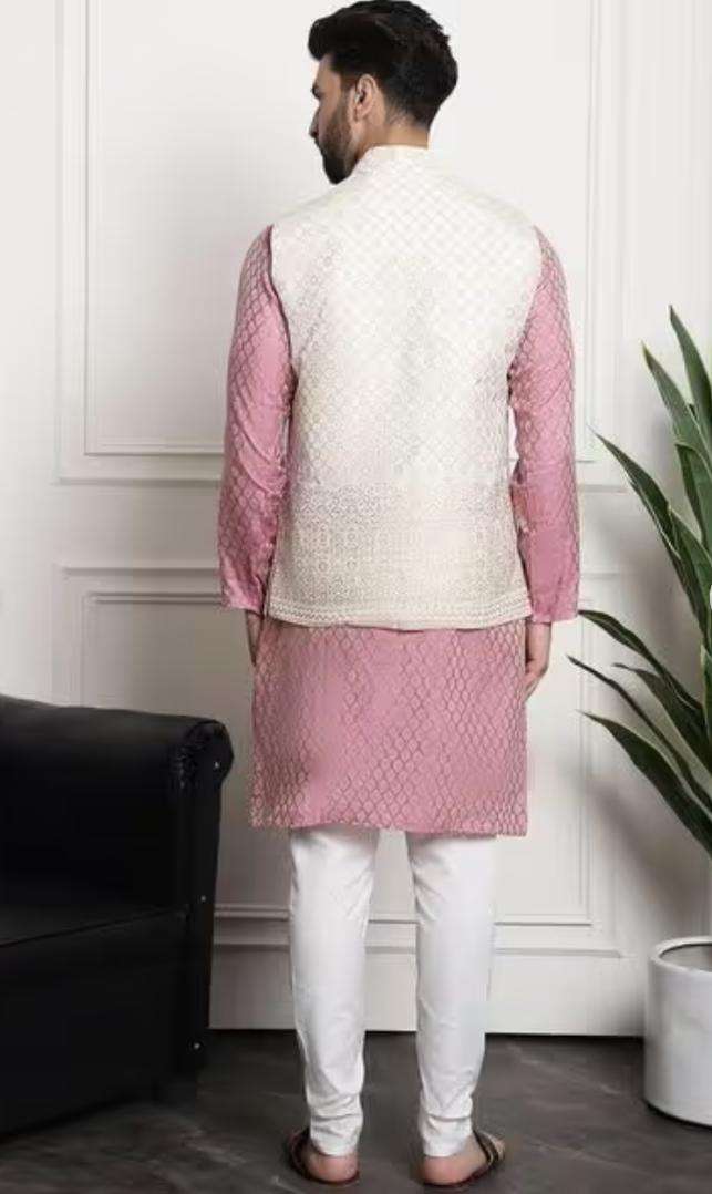 Men's Jacquard Silk Pink Kurta and Off-White Pyjama With Cream Nehru Jacket in Berlin
