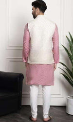 Men's Jacquard Silk Pink Kurta and Off-White Pyjama With Cream Nehru Jacket in Berlin