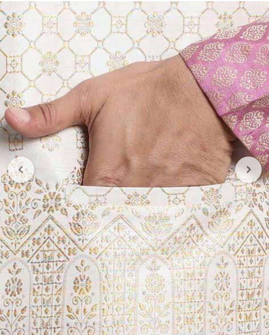 Men's Jacquard Silk Pink Kurta and Off-White Pyjama With Cream Nehru Jacket in Berlin