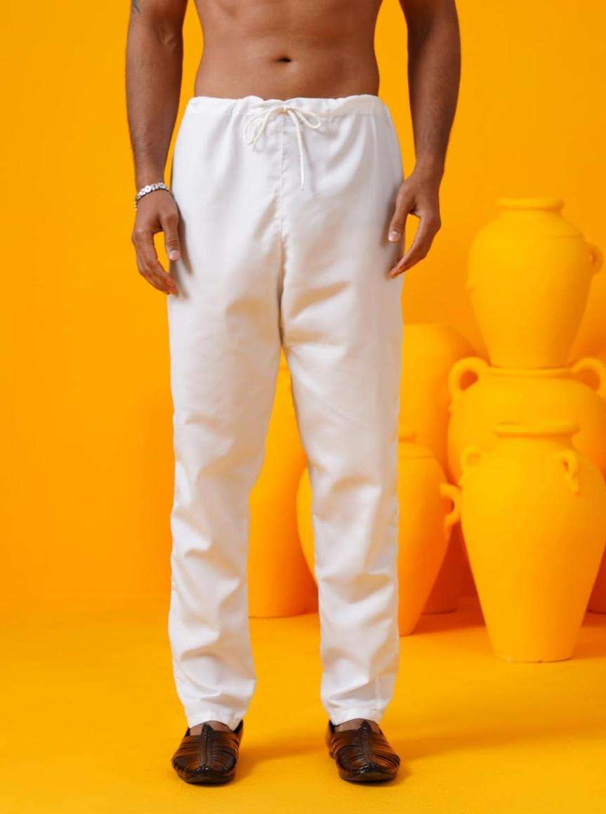 Men's Cotton Krochet Daman Print Cream Kurta with White Pyjama in Berlin