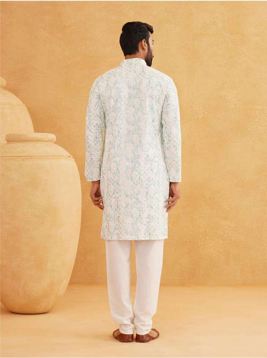 Men Cotton Gold Sequinned White and Green Kurta with Pyjama in Berlin