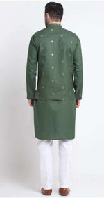 Men's Cotton Blend Solid Kurta and White Elastic Waistband Pyjama With Cotton Embroided Sequenced Nehru Jacketin Berlin