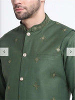 Men's Cotton Blend Solid Kurta and White Elastic Waistband Pyjama With Cotton Embroided Sequenced Nehru Jacketin Berlin