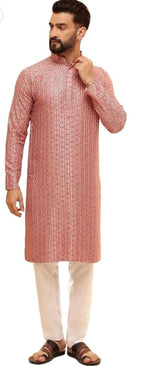 Kurta in Cotton and Viscose with Shiny Thread and Sequins, White Pyjamas in Berlin Namma Markt