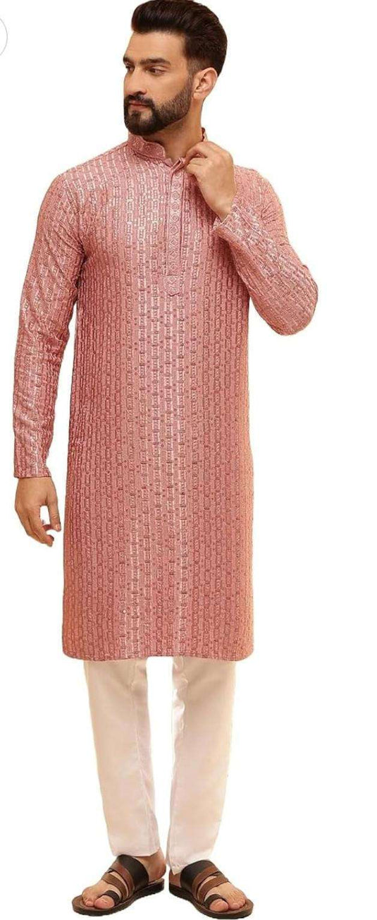 Kurta in Cotton and Viscose with Shiny Thread and Sequins, White Pyjamas in Berlin Namma Markt