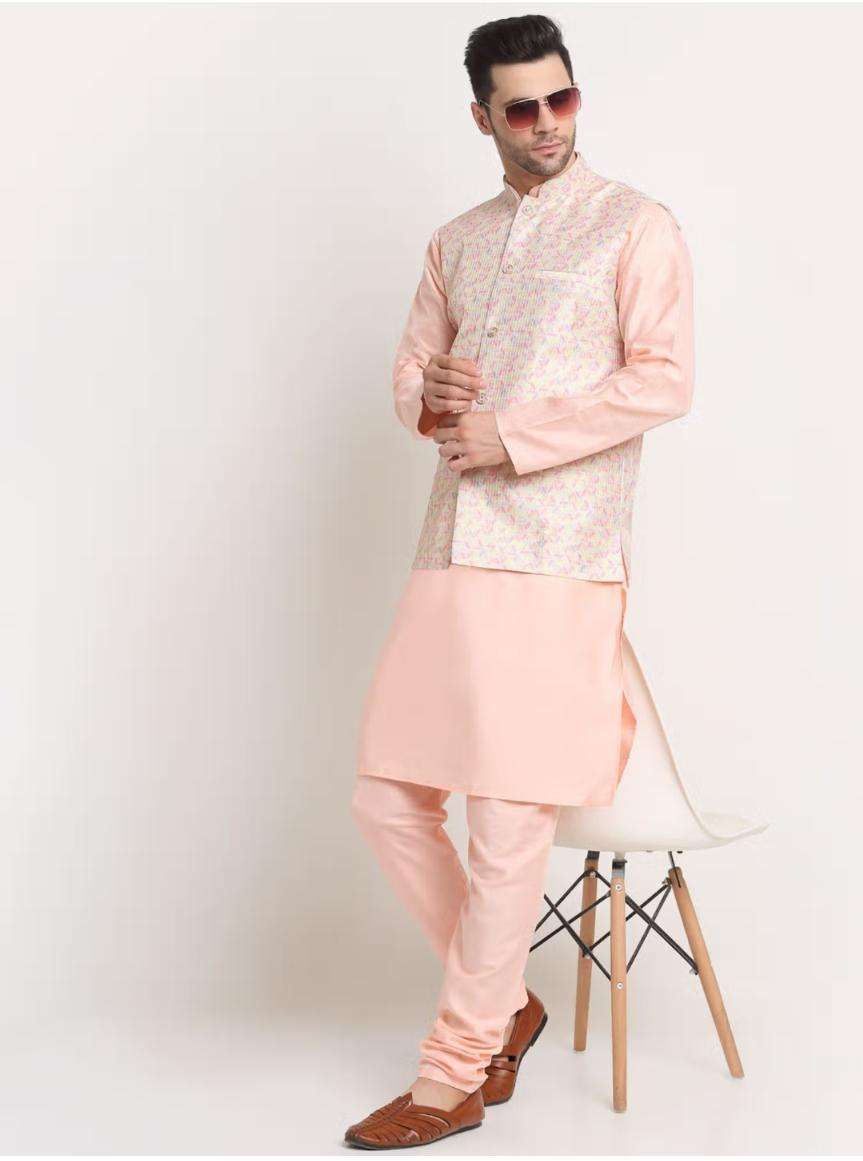 Men Peach Kurta & Churidar with Thread Work Nehru Jacket and Pyjama in Berlin