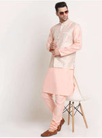 Men Peach Kurta & Churidar with Thread Work Nehru Jacket and Pyjama in Berlin