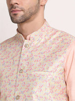 Men Peach Kurta & Churidar with Thread Work Nehru Jacket and Pyjama in Berlin