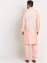 Men Peach Kurta & Churidar with Thread Work Nehru Jacket and Pyjama in Berlin