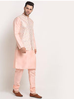 Men Peach Kurta & Churidar with Thread Work Nehru Jacket and Pyjama in Berlin