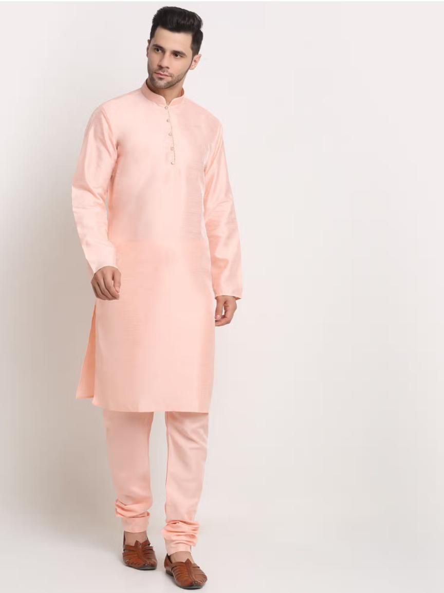 Men Peach Kurta & Churidar with Thread Work Nehru Jacket and Pyjama in Berlin