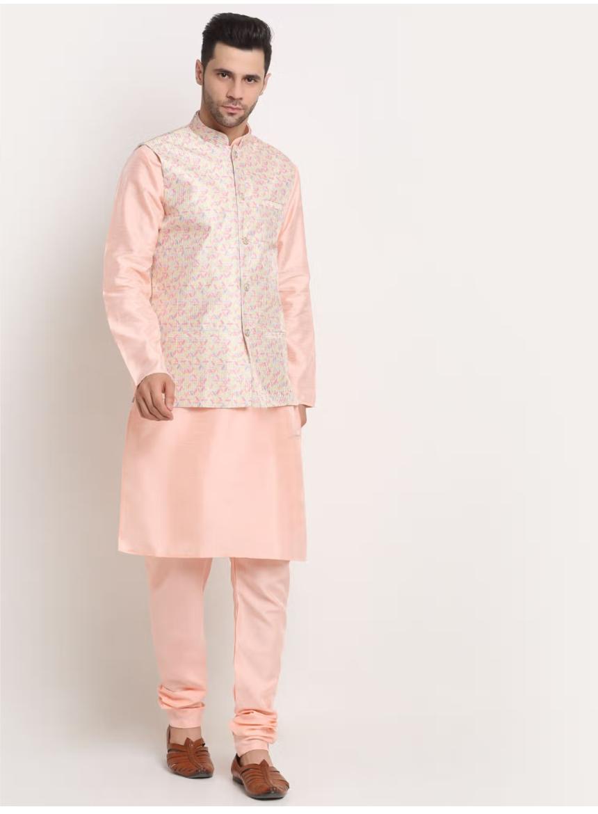Men Peach Kurta & Churidar with Thread Work Nehru Jacket and Pyjama in Berlin