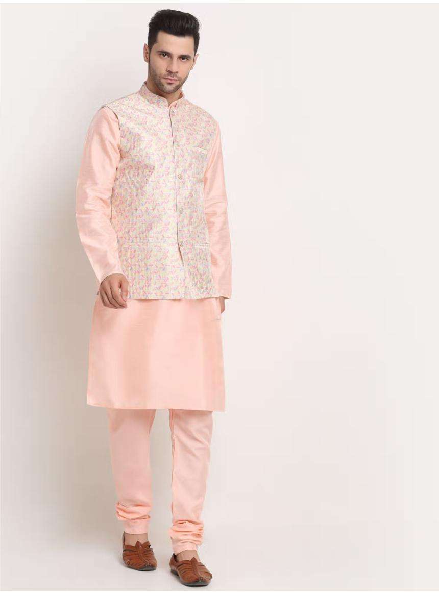 Men Peach Kurta & Churidar with Thread Work Nehru Jacket and Pyjama in Berlin