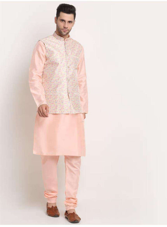 Men Peach Kurta & Churidar with Thread Work Nehru Jacket and Pyjama in Berlin