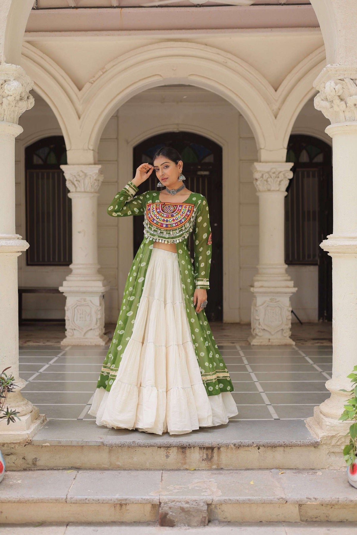 Green Bandhani Front-Slit Kurti and Off-White Lehenga Set in Germany Namma Markt