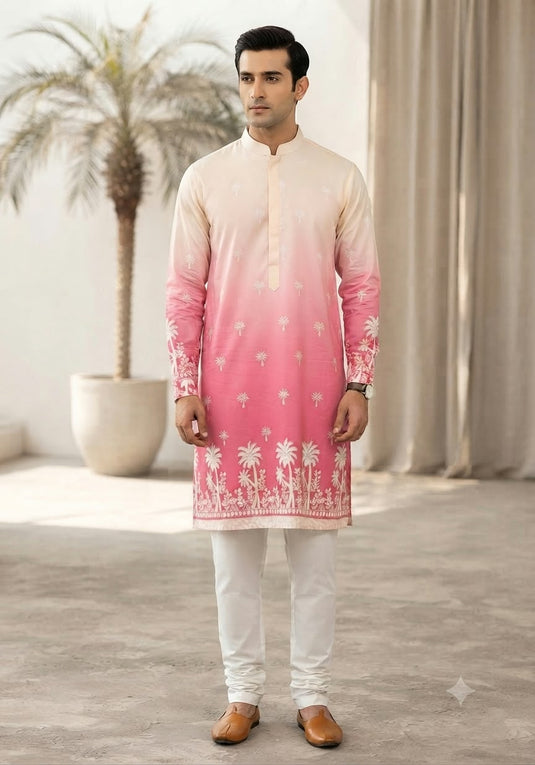 Men's Cream to Pink Ombré Printed Festive Kurta set in Berlin Namma Markt