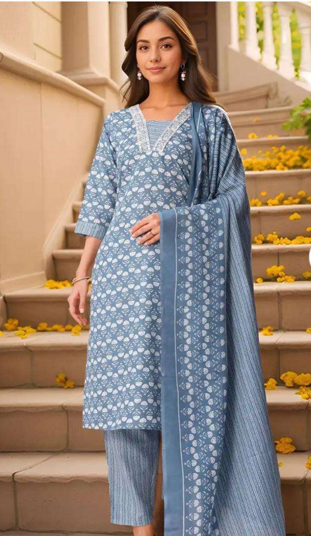 Floral Printed V-Neck Thread Work Pure Cotton Kurta With Trousers & Dupatta in Germany Namma Markt