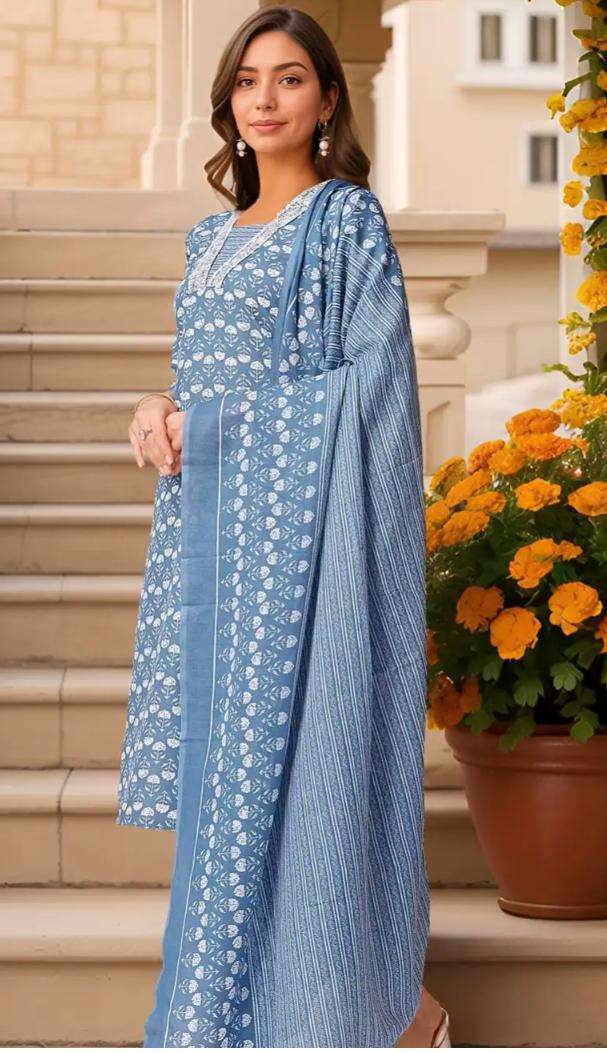Floral Printed V-Neck Thread Work Pure Cotton Kurta With Trousers & Dupatta in Germany Namma Markt