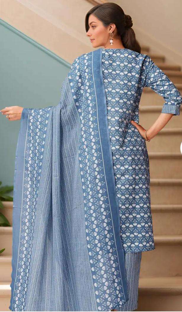 Floral Printed V-Neck Thread Work Pure Cotton Kurta With Trousers & Dupatta in Germany Namma Markt